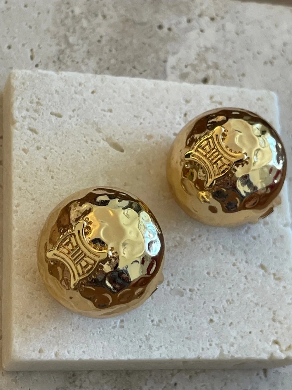 Celine Hammered Dome Logo Gold Clip-On Earrings